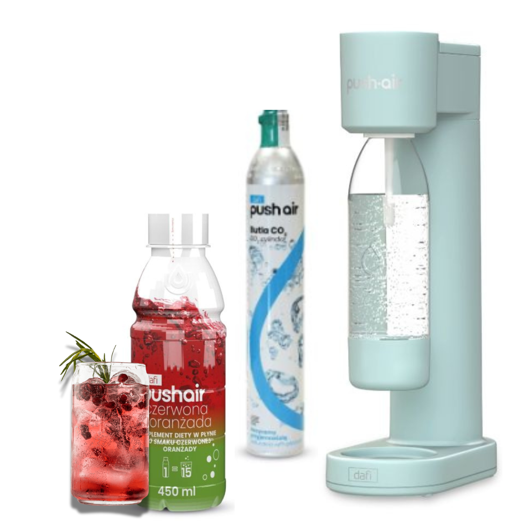 PUSHAIR Dafi saturateur d'eau MENTHE + cartouche de CO₂ + bouteille de 0,7 l + sirop d'orangeade rouge 450 ml