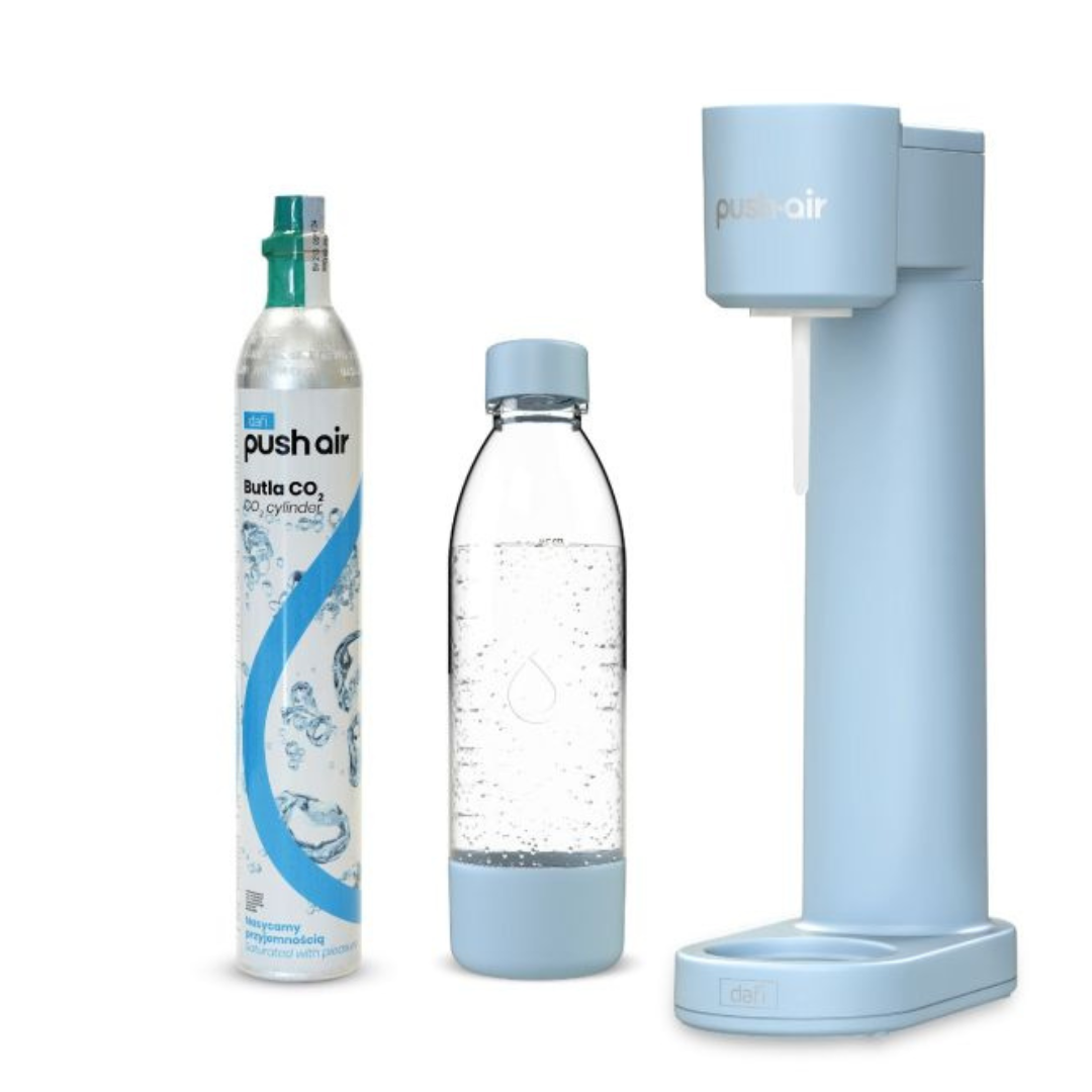 PUSHAIR Dafi saturateur d'eau AZUR + cartouche CO₂ + bouteille 0,7 l + sirop pamplemousse 450 ml
