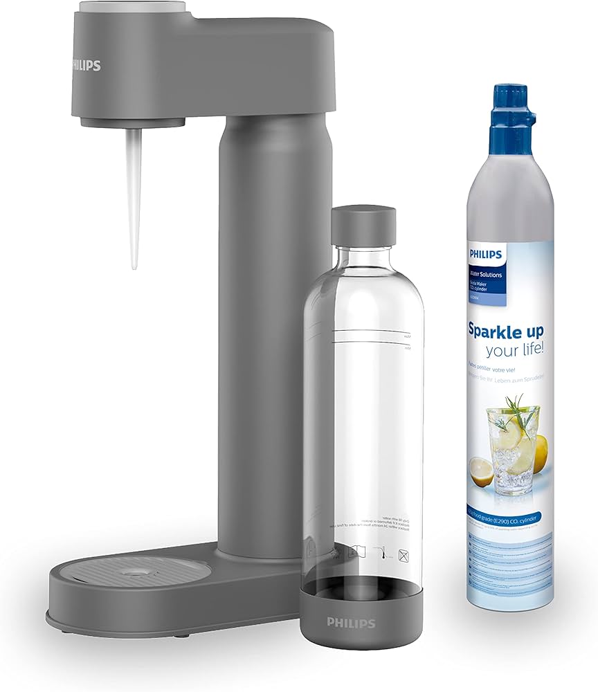 Philips Lite Soda Maker with CO2 Cartridge, Grey + 3 Syrups + Philips Water Filter Jug, 2.6 L