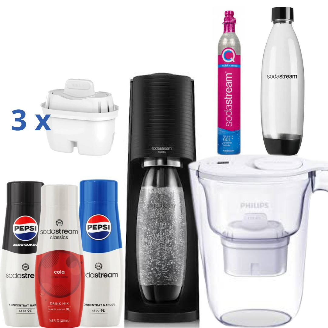Water Filter Jug 2.6L White + 3 Syrups + SodaStream Saturator