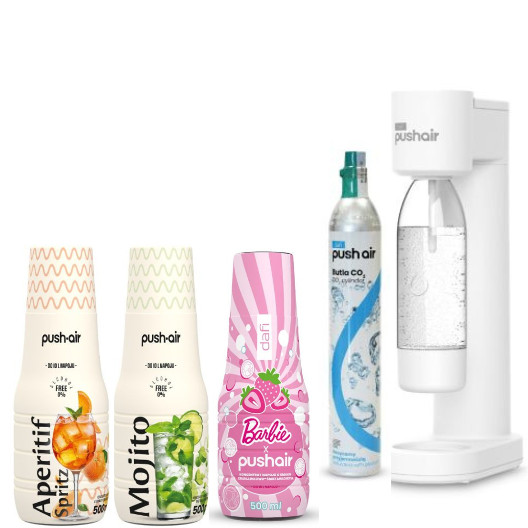 Dafi PUSHAIR saturátor vody bílý sifon + CO2 kartuše + 0,7 láhev + 3 sirupy Dafi