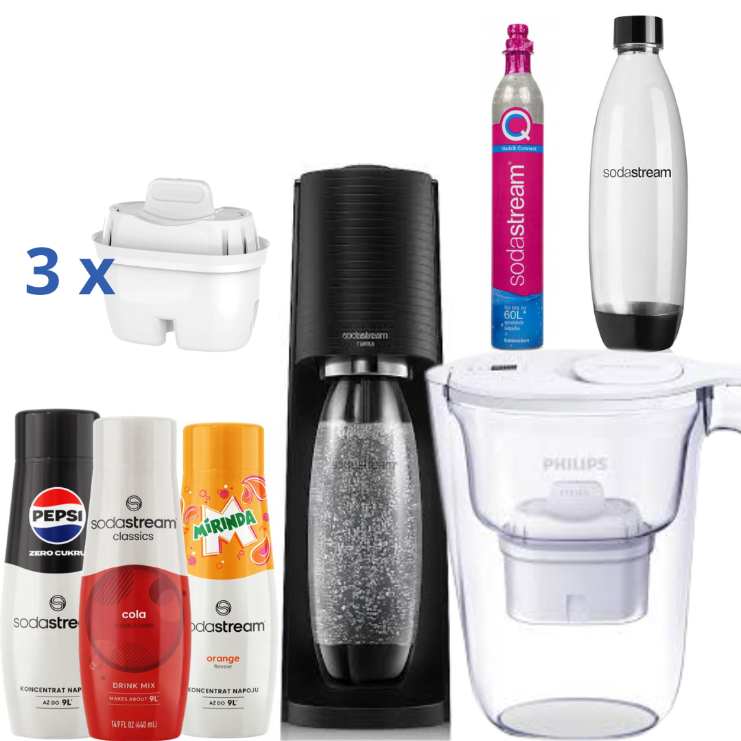 SodaStream Saturator + Philips Water Filter Jug + 3 Syrups