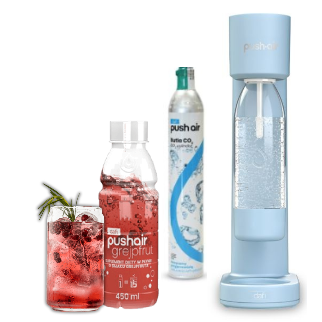 PUSHAIR Dafi saturateur d'eau AZUR + cartouche CO₂ + bouteille 0,7 l + sirop pamplemousse 450 ml