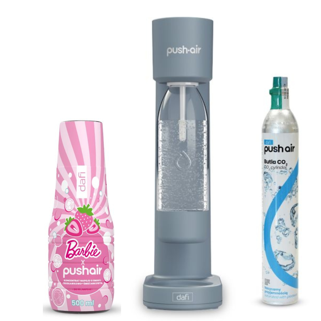 PUSHAIR Dafi saturátor vody ocelový + CO kazeta + láhev 0,7 l + PUSHAIR BARBIE Sirup na perlivou vodu 500 ml