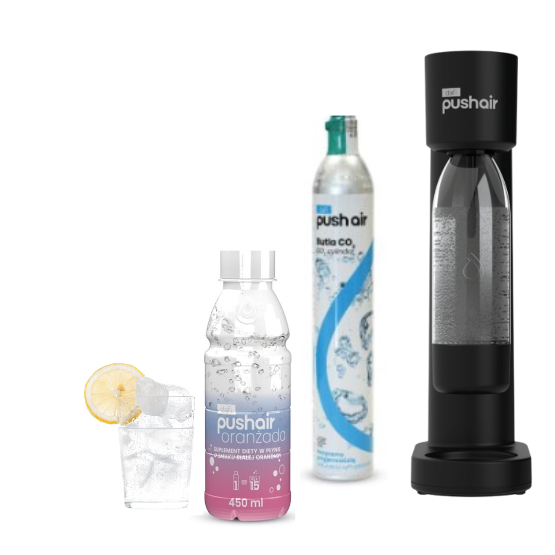 PUSHAIR Dafi Saturateur d'Eau Noir + Cartouche CO₂ + Bouteille 0,7 L + Sirop Soda Orange Blanche 450 ml