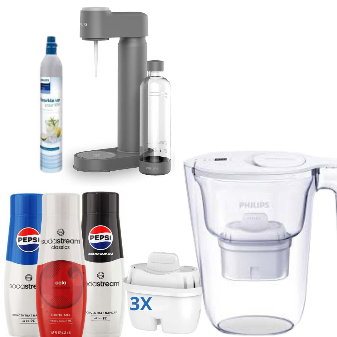 Philips Lite Soda Maker with CO2 Cartridge, Grey + 3 Syrups + Philips Water Filter Jug, 2.6 L