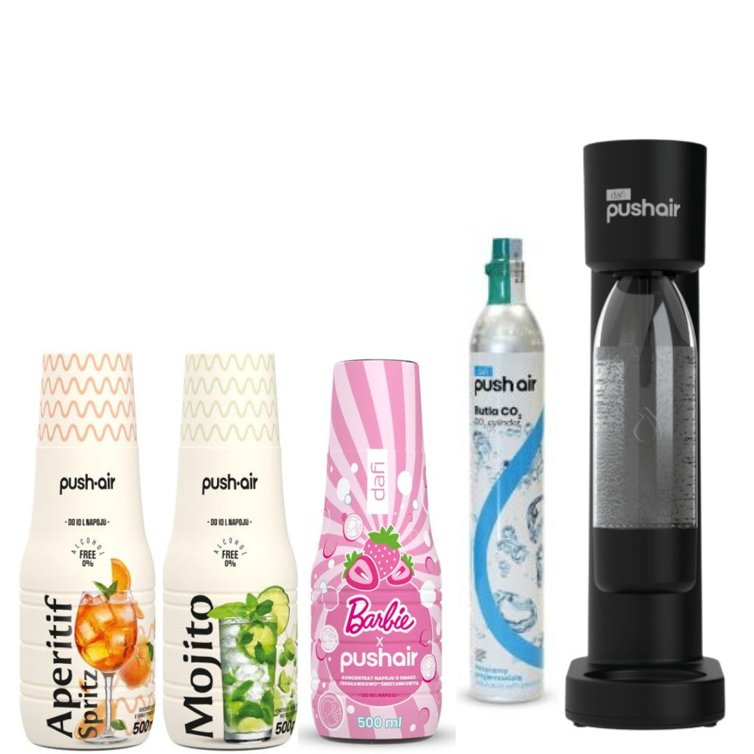 Dafi PUSHAIR saturátor na vodu černý sifon + CO2 kazeta + láhev 0,7 l + APERITIF SPRITZ + MOJITO + BARBIE