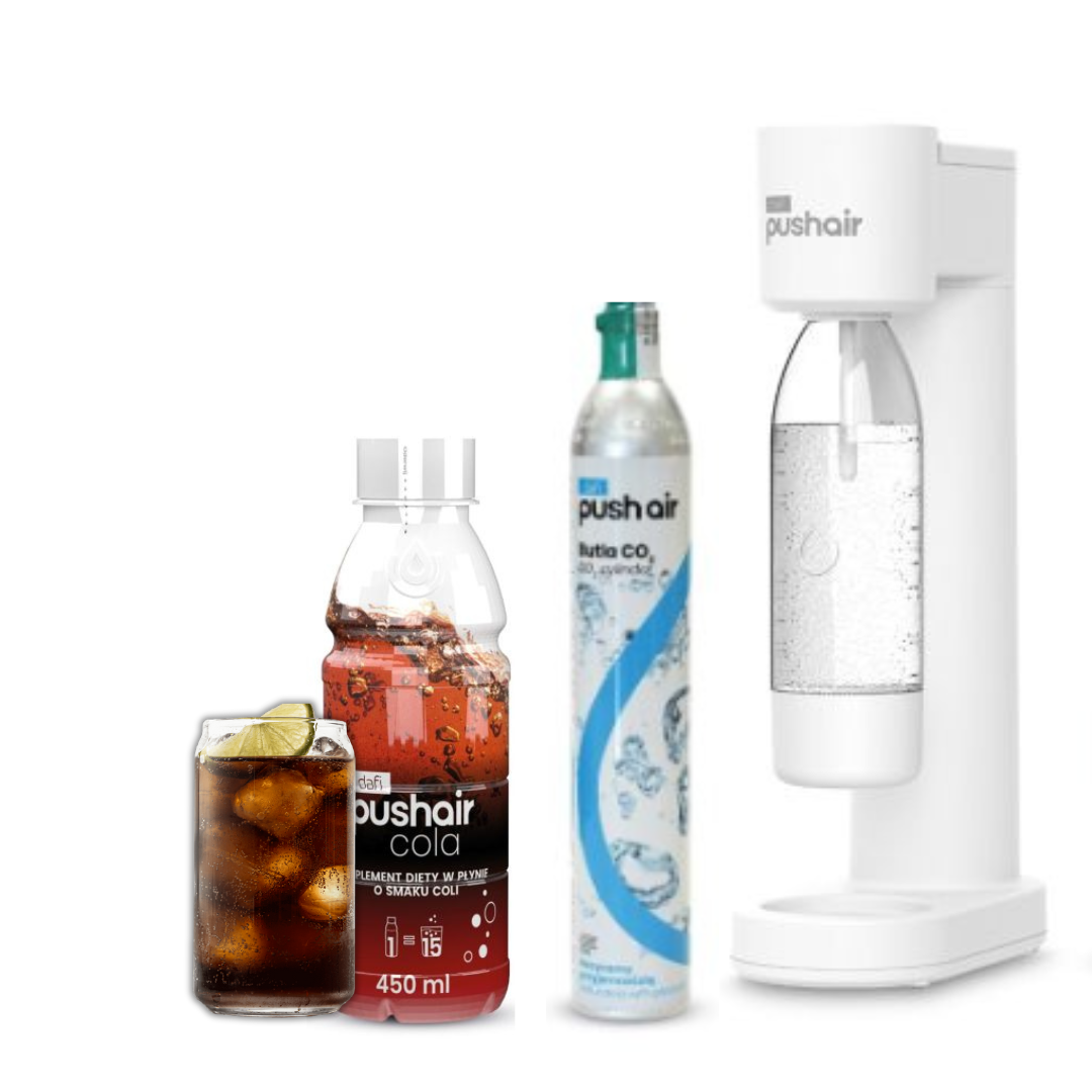 PUSHAIR Dafi Saturateur d'eau BLANC + Cartouche de CO2 + Bouteille 0,7 L + Sirop Cola 450 ml