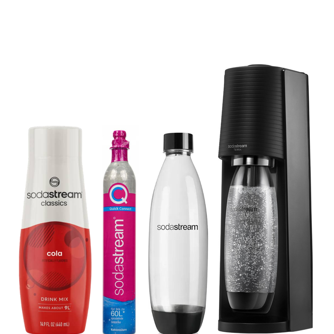 SodaStream Set Saturator Terra Black + 2 Fuse Bottles 1L + Cola Syrup