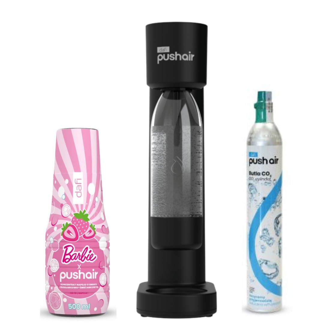 Dafi PUSHAIR saturátor na vodu černý sifon + CO kartuše + 0,7 l láhev + PUSHAIR BARBIE sirup na vodu 500 ml