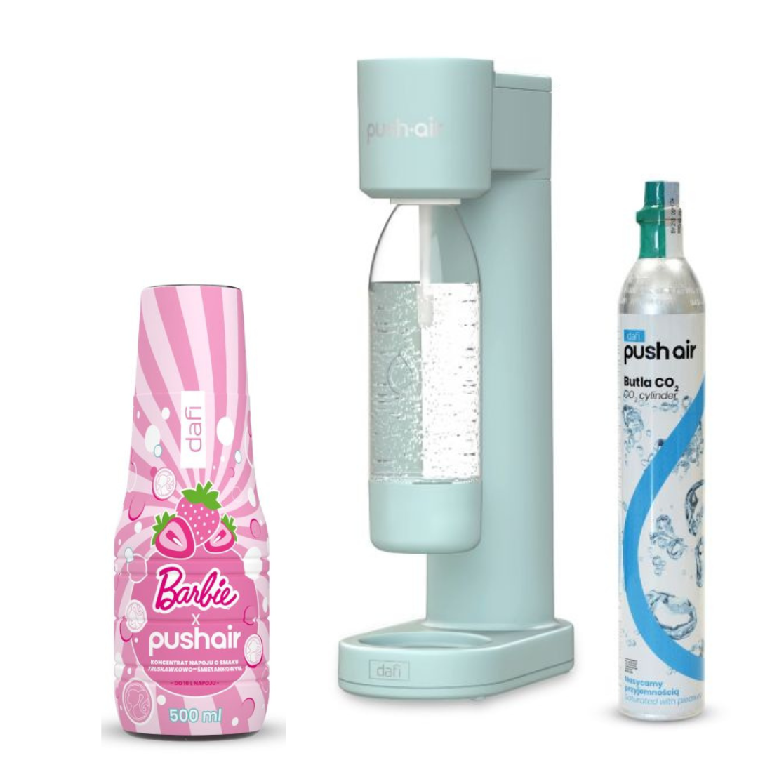 PUSHAIR Dafi nasycovač vody mátový sifon + CO kartuše + láhev 0,7 l + PUSHAIR BARBIE sirup 500 ml