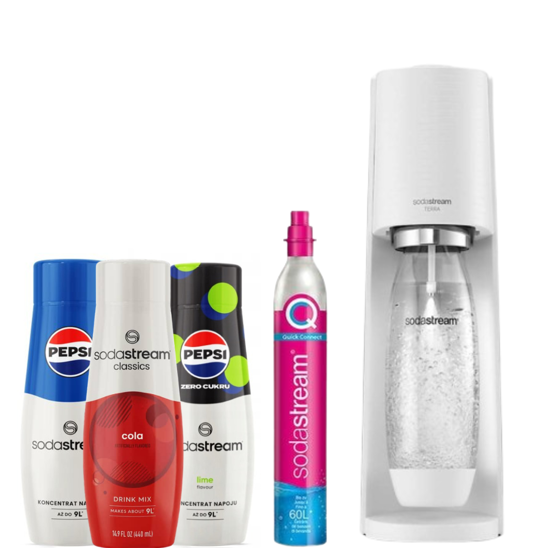 Terra White Soda Maker + 3 x Syrups SodaStream
