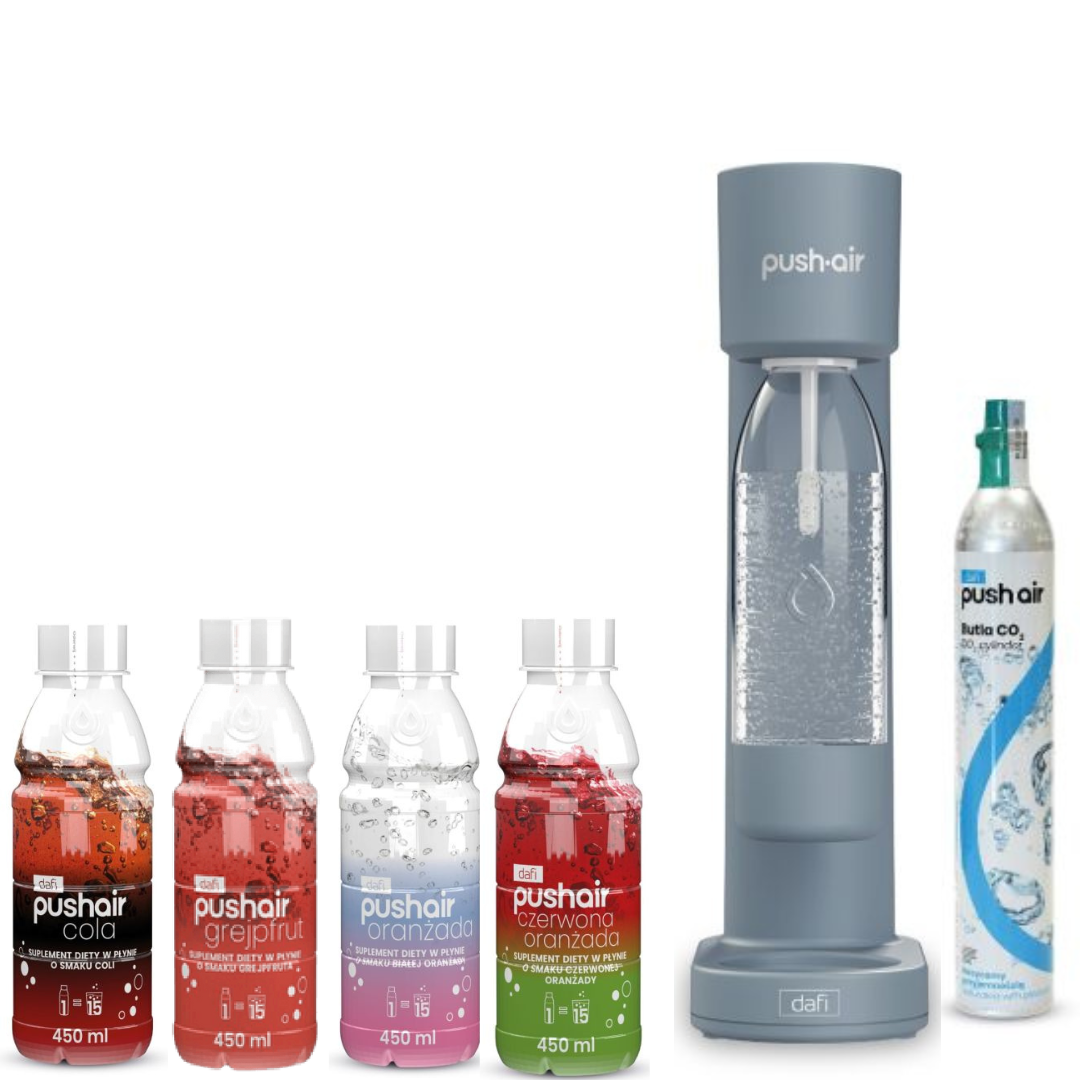 PUSHAIR Dafi saturateur d'eau acier + cartouche CO₂ + bouteille 0,7 L + 4 x sirops
