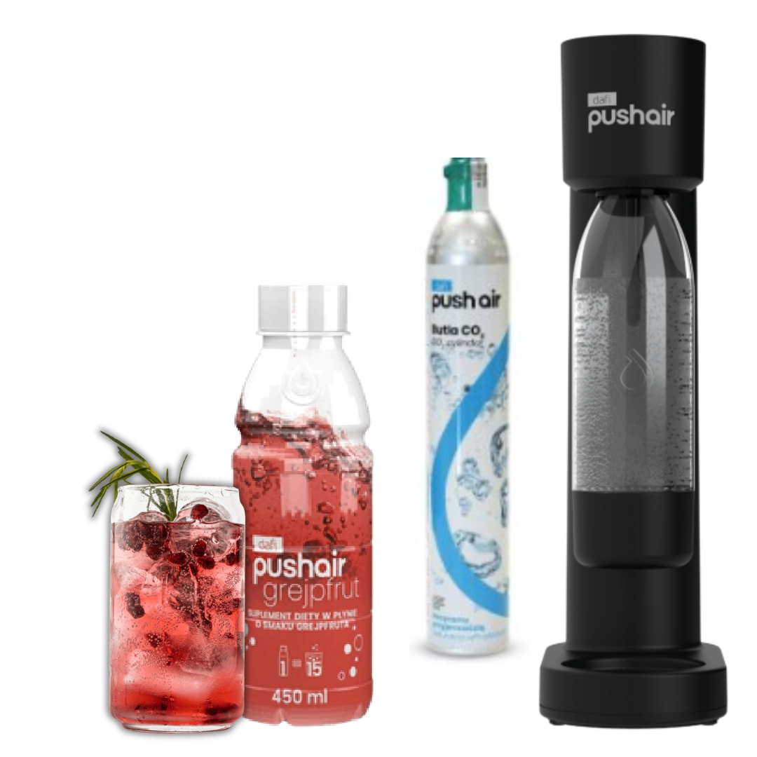 PUSHAIR Dafi saturátor vody černý + CO2 kartuše + láhev 0,7 l + sirup grapefruit 450 ml