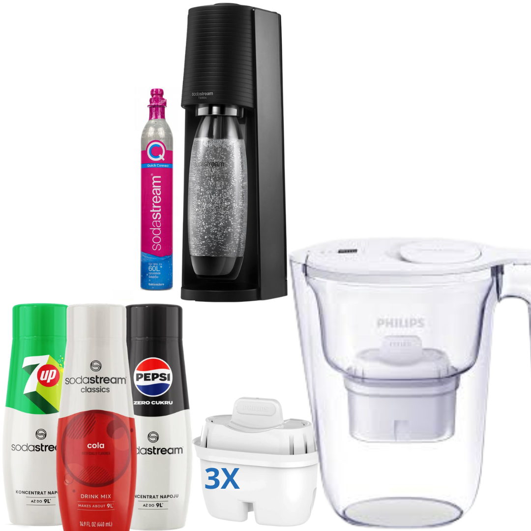 GAIA Black Soda Maker + 3x Syrups + Philips Water Filter Jug