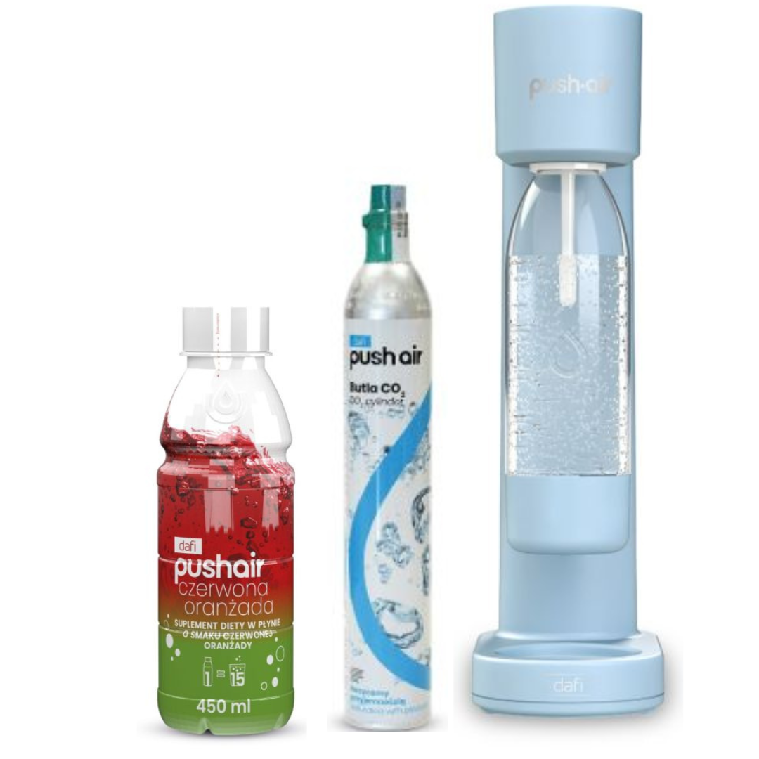 PUSHAIR Dafi saturateur d'eau couleur azur + Cartouche de CO₂ + Bouteille de 0,7 l + Sirop d'orangeade rouge 450 ml