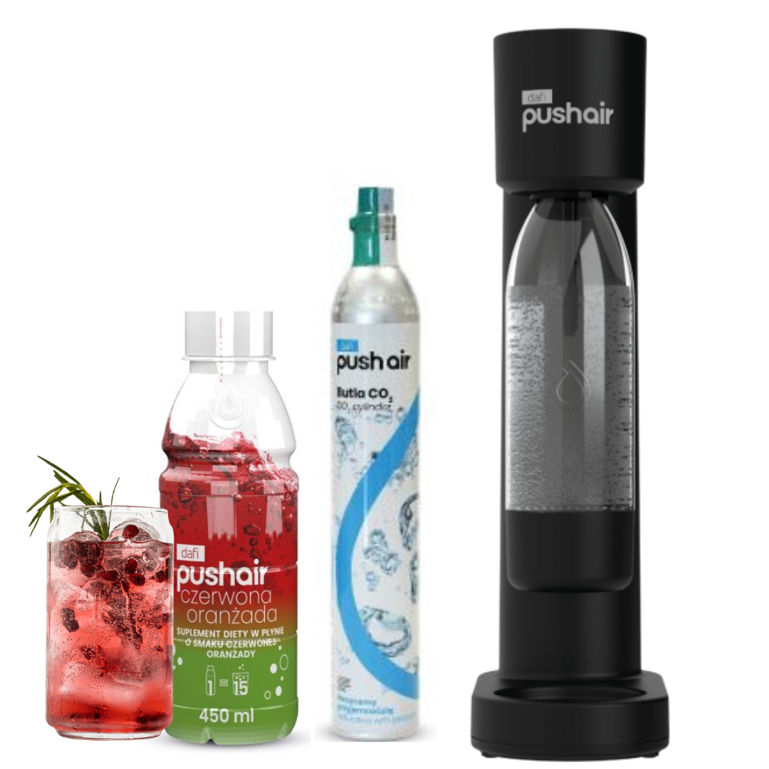 PUSHAIR Dafi saturatore d'acqua nero + bombola di CO₂ + bottiglia da 0,7 l + sciroppo di aranciata rossa 450 ml