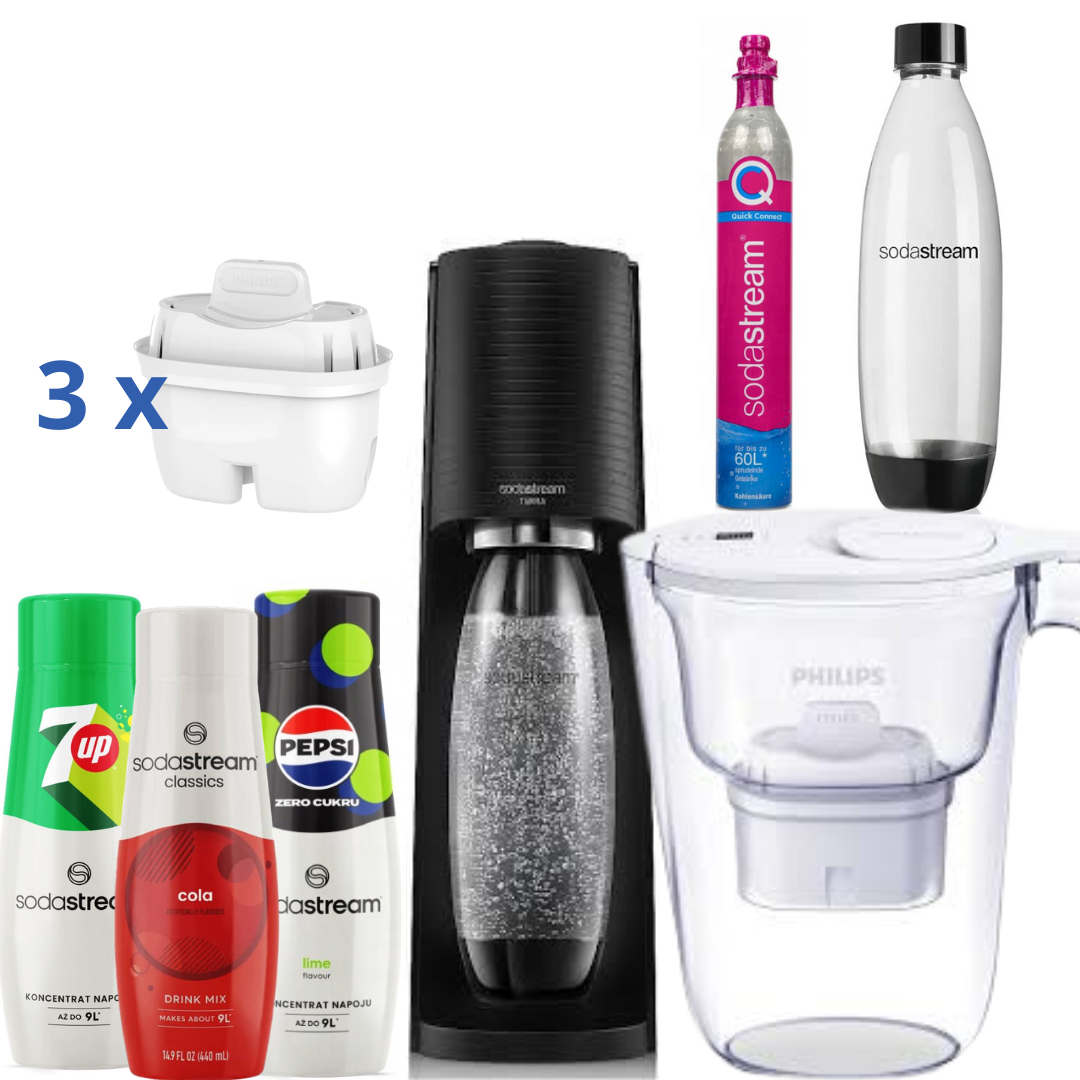 3 Syrups +Water Filter Jug 2.6L White + SodaStream Saturator