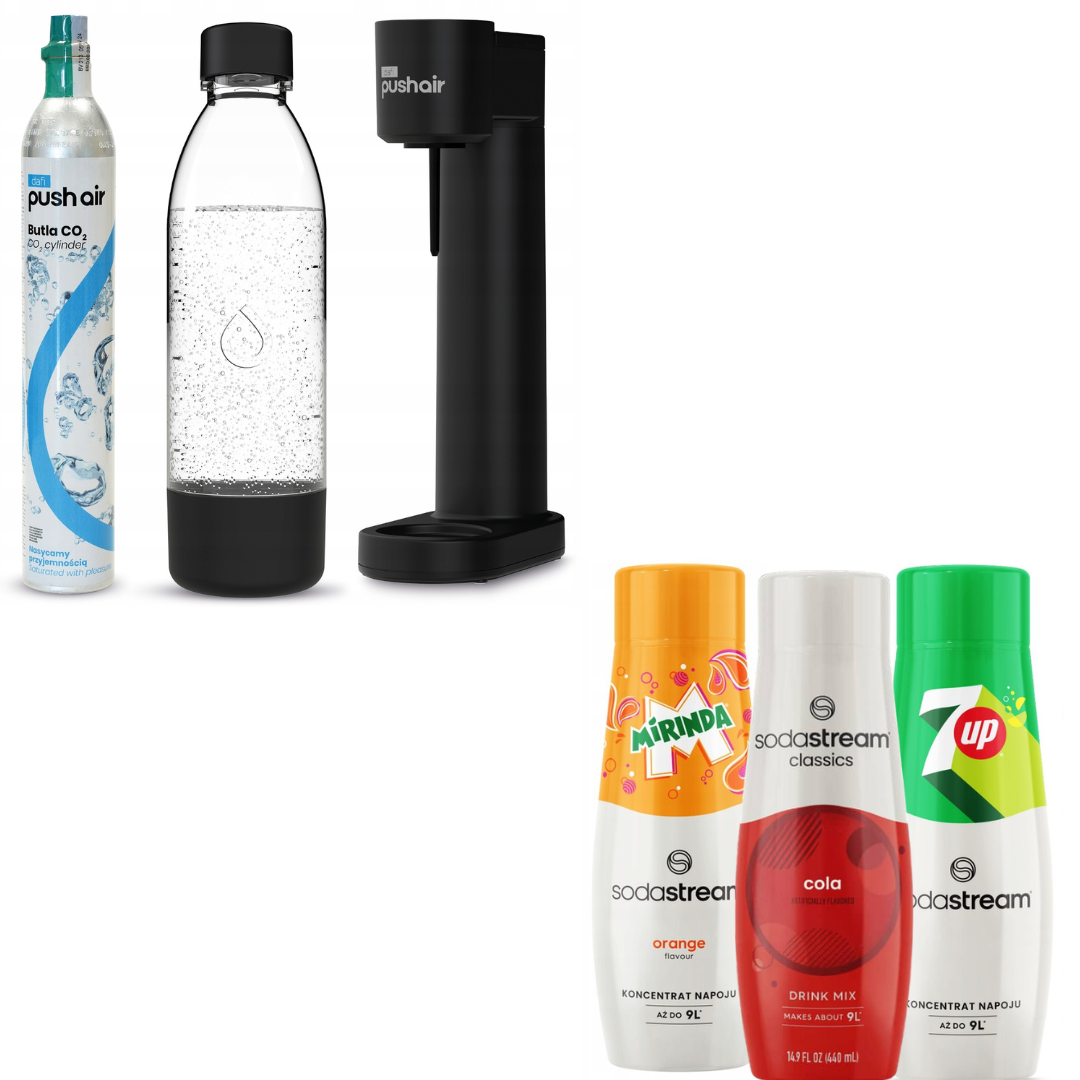 Dafi PUSHAIR water saturator black siphon + CO2 cartridge + 0.7 L bottle + 3 x syrups