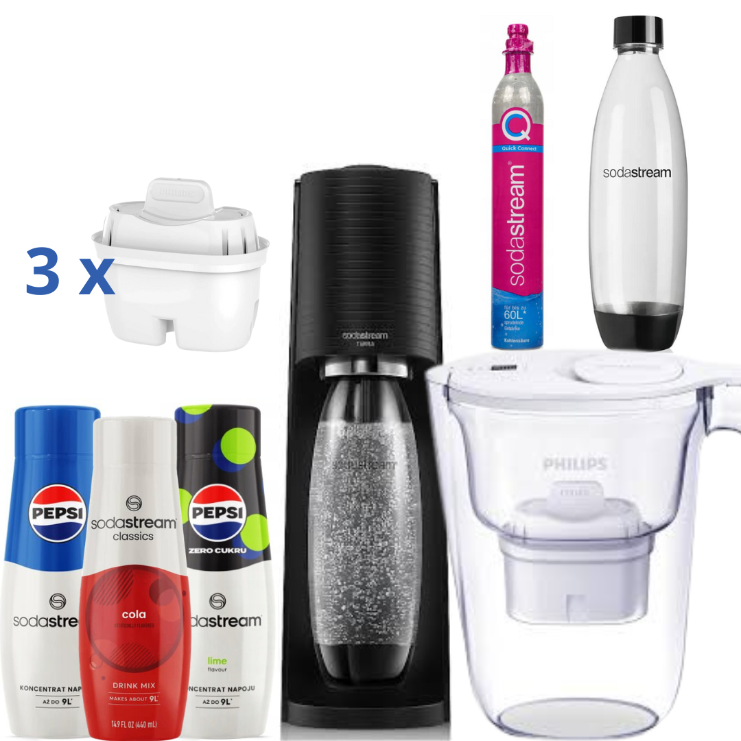 SodaStream Saturator + Water Filter Jug 2.6L White + 3 Syrups