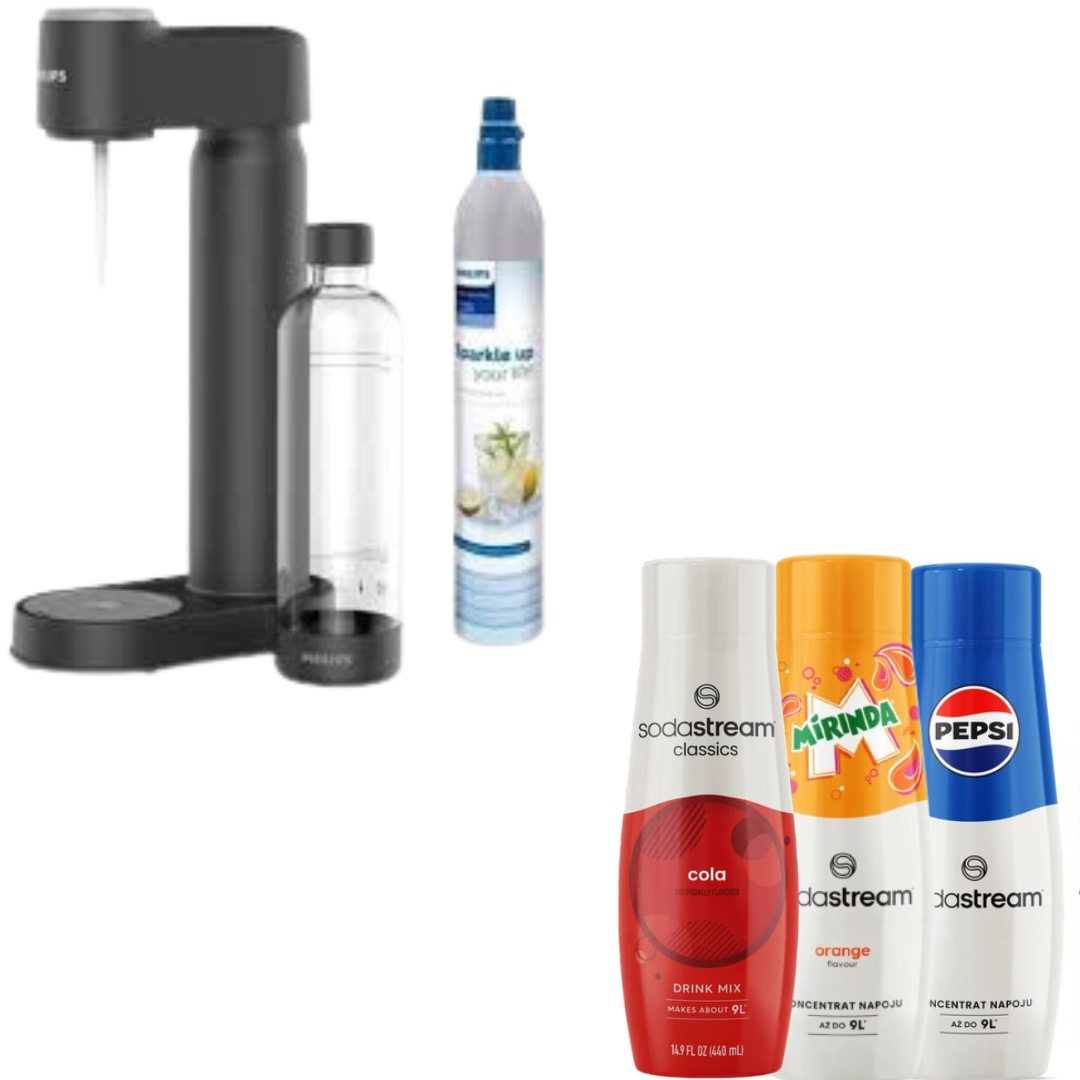 Philips Soda Maker, with CO2 Cartridge, Black + SodaStream 3 x syrups