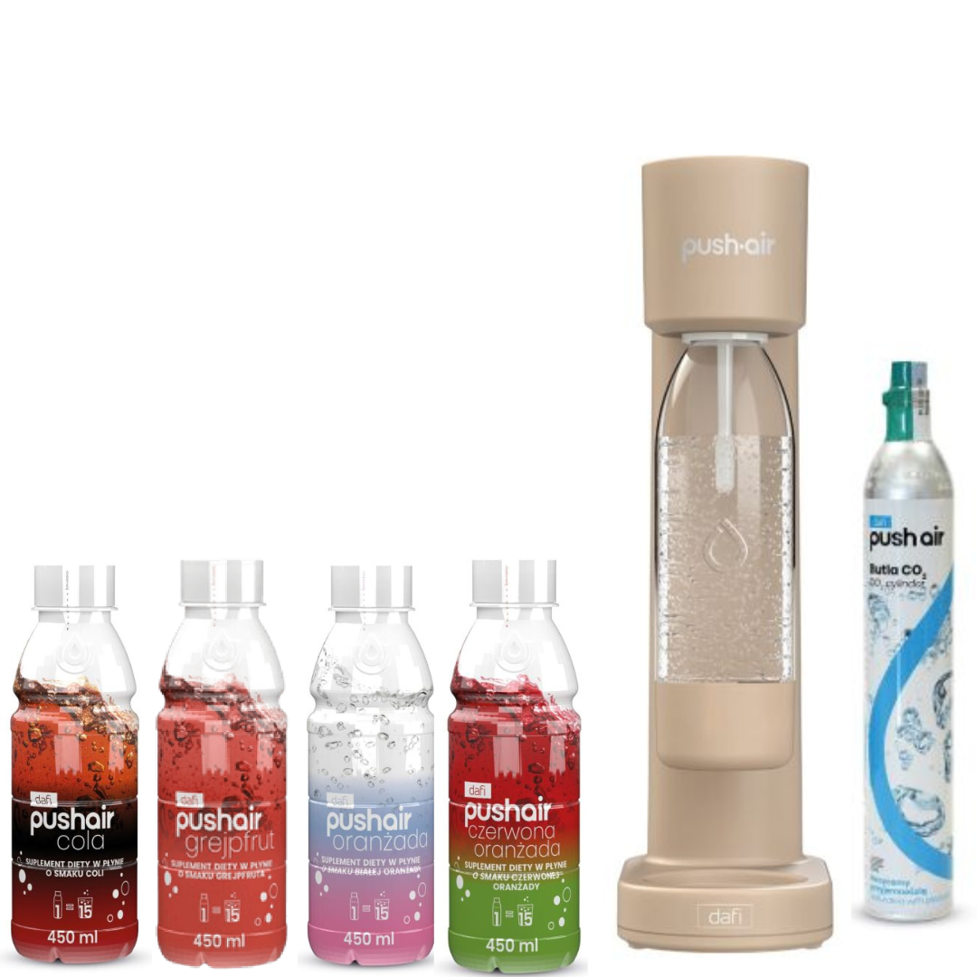 Saturateur PushAir Dafi cappuccino + Cartouche + Bouteille 0,7 L + 4 Sirops
