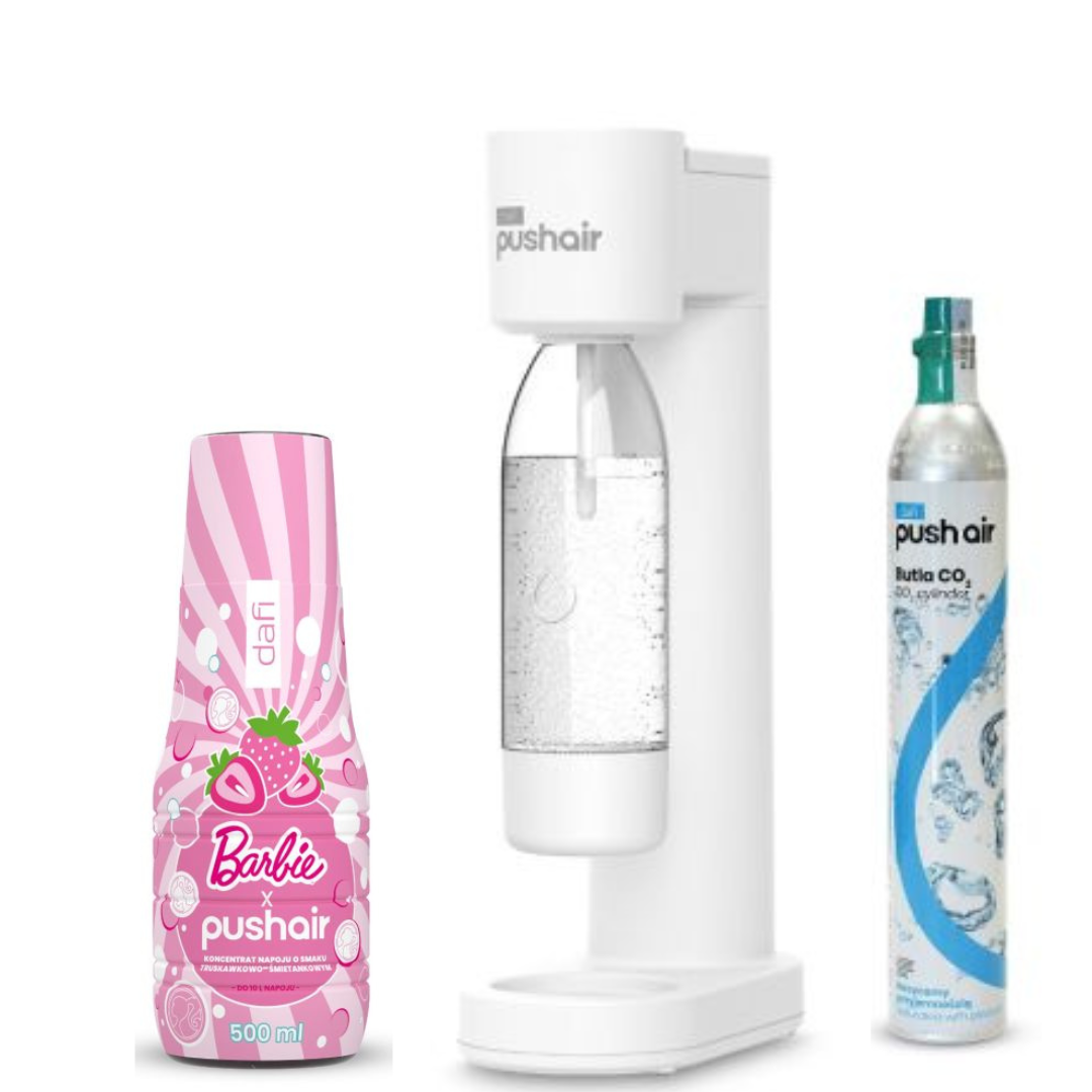 Dafi PUSHAIR saturátor na vodu bílý sifon + CO kartuše + láhev 0,7 l + PUSHAIR BARBIE sirup na vodu 500 ml