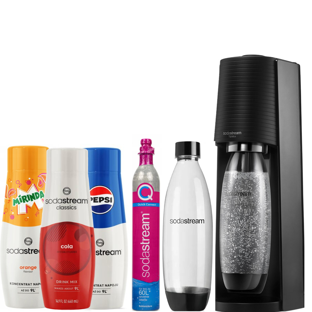SodaStream Set Saturator Terra Black + 2 Fuse Bottles 1L+3 X Syrups