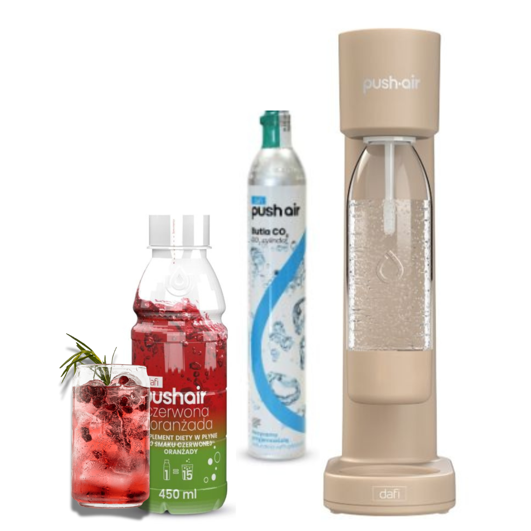 PUSHAIR Dafi saturateur d'eau couleur cappuccino + cartouche de CO₂ + bouteille de 0,7 l + sirop d'orangeade rouge 450 ml