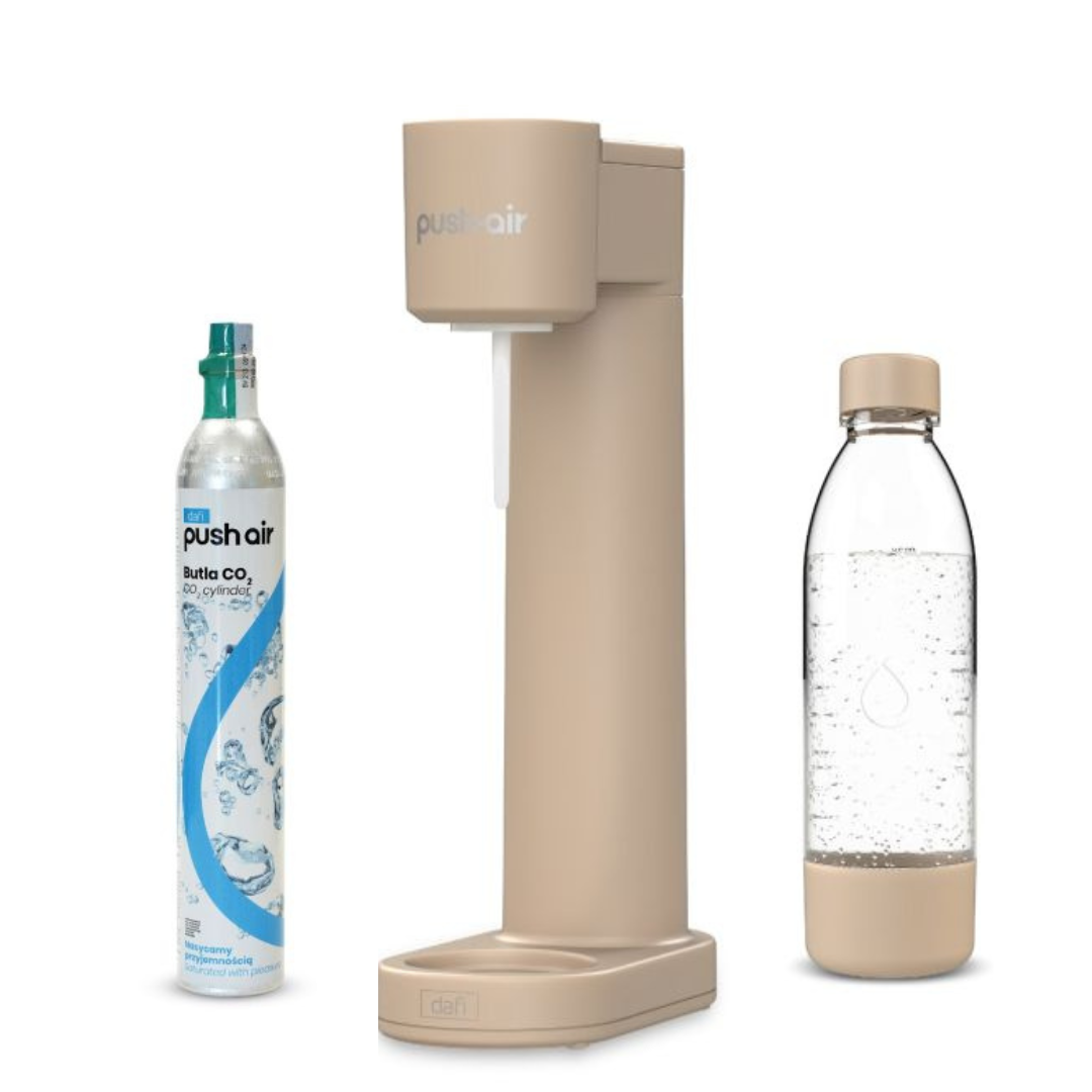 PUSHAIR Dafi saturateur d'eau couleur cappuccino + cartouche de CO₂ + bouteille de 0,7 l + sirop d'orangeade rouge 450 ml