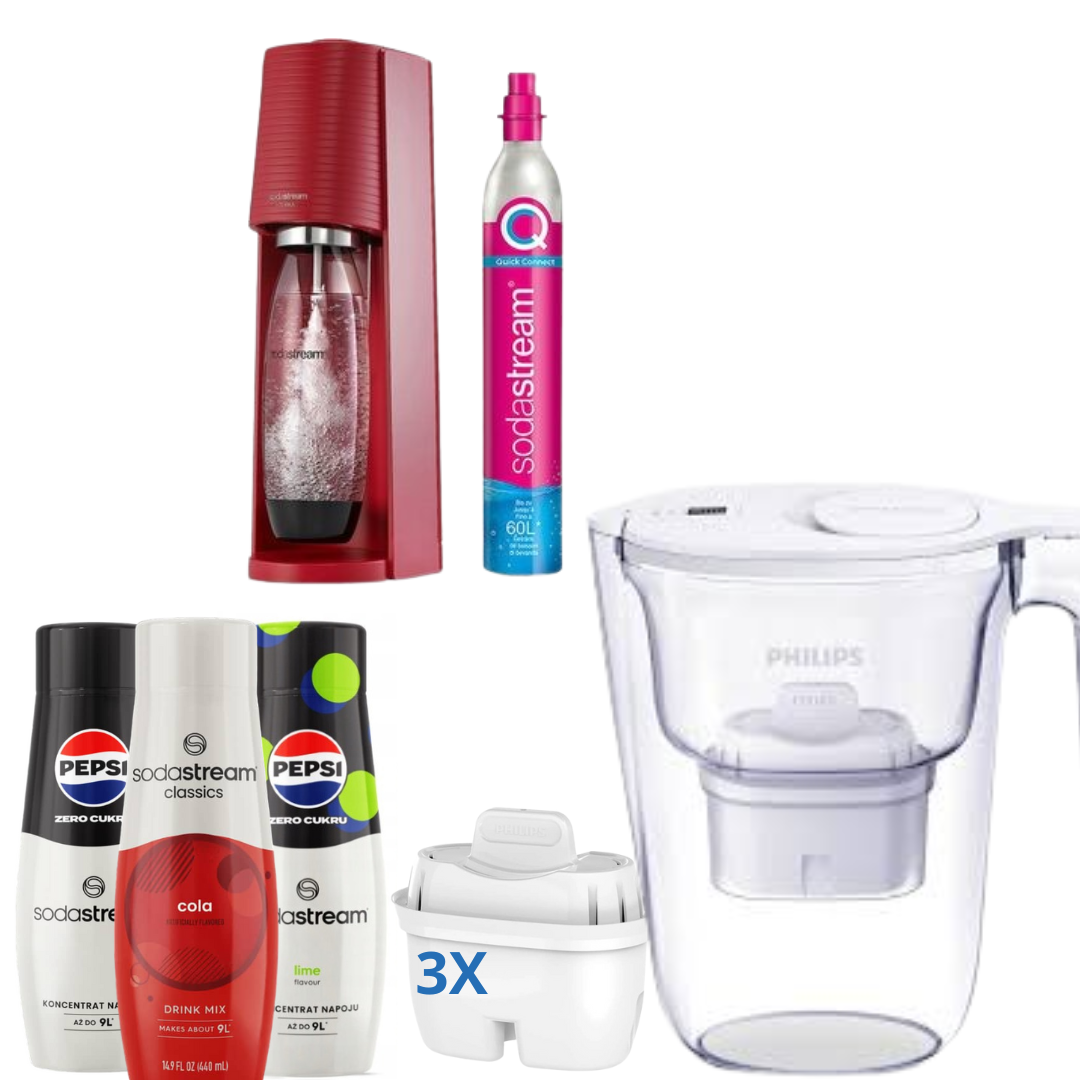 Terra Red Soda Maker + 3 x Syrups + Philips Water Filter Jug