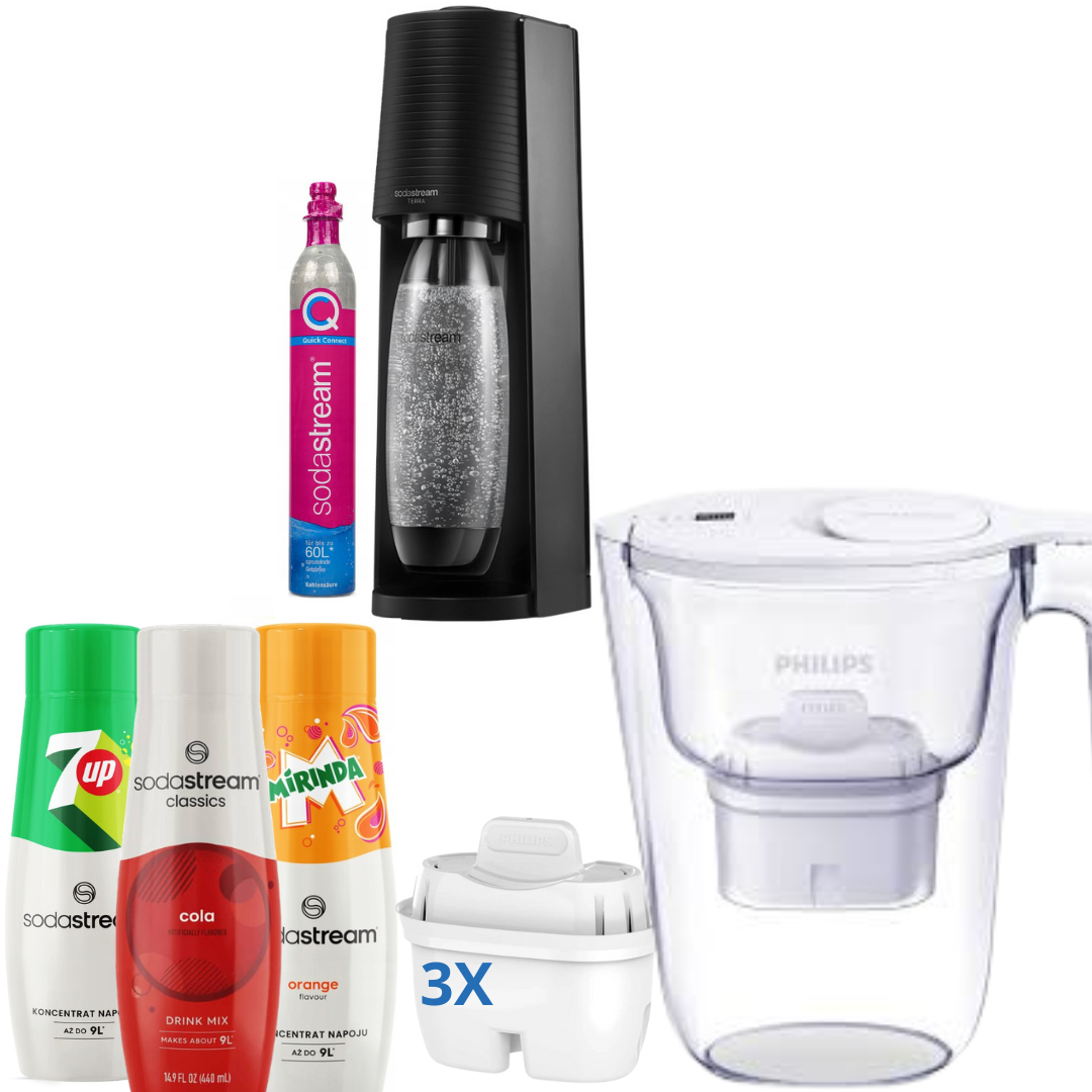 GAIA Black Soda Maker  + Philips Water Filter Jug 2.6L White+ 3x Syrups