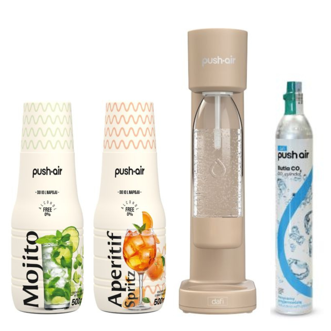 Saturateur d’eau PUSHAIR Dafi Cappuccino + Cartouche CO₂ + Bouteille 0,7 l + 2 sirops