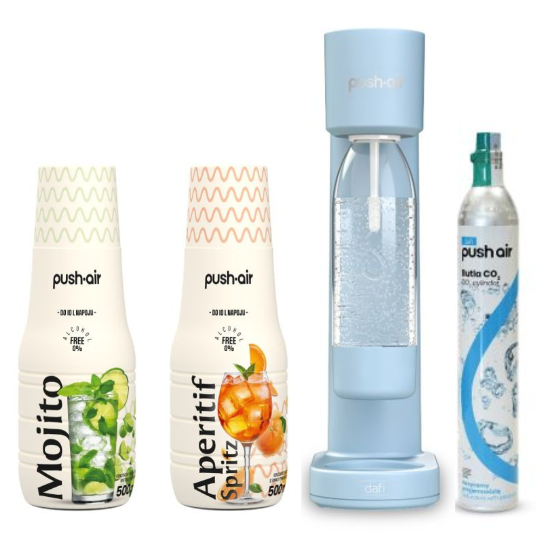 Saturateur d'eau PUSHAIR Dafi azur + cartouche CO + bouteille 0,7 + 2 sirops