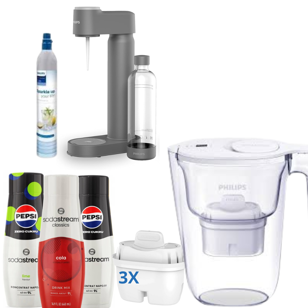 Philips Lite Soda Maker with CO2 Cartridge, Grey + 3 Syrups + Philips Water Filter Jug