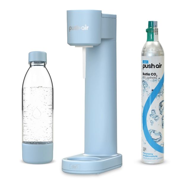 PUSHAIR Dafi saturateur d'eau couleur azur + Cartouche de CO₂ + Bouteille de 0,7 l + Sirop d'orangeade rouge 450 ml