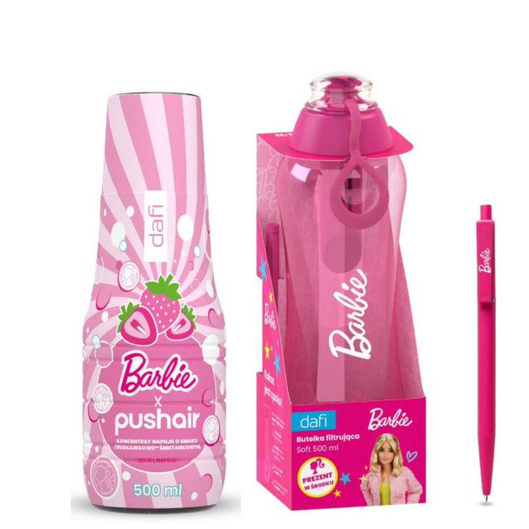 BARBIE Dafi SOFT 0,5 Filtrační Láhev + PUSHAIR BARBIE Sirup do Vody 500 ml