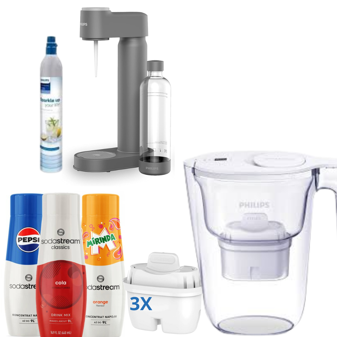 Philips Lite Soda Maker  with CO2 Cartridge, Grey + 3 Syrups + Philips Water Filter Jug, 2.6 L, with timer