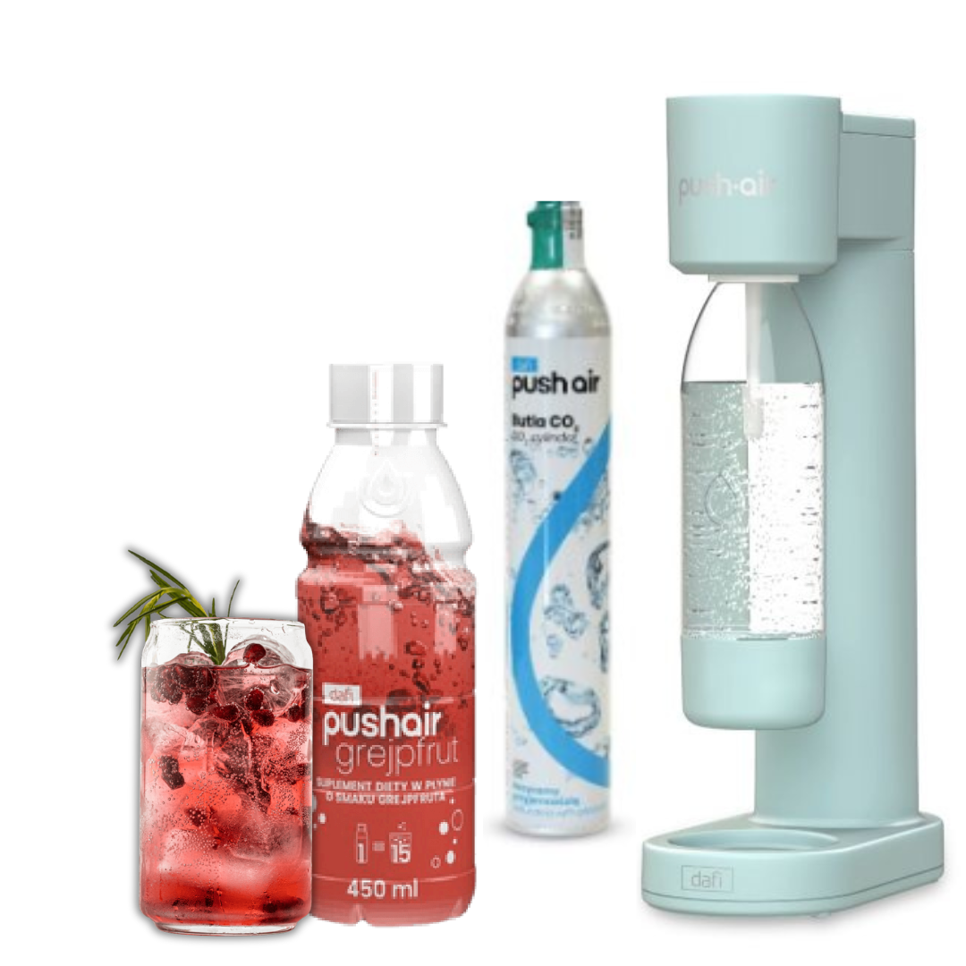 PUSHAIR Dafi saturateur d'eau MENTHE + cartouche CO₂ + bouteille 0,7 l + sirop pamplemousse 450 ml