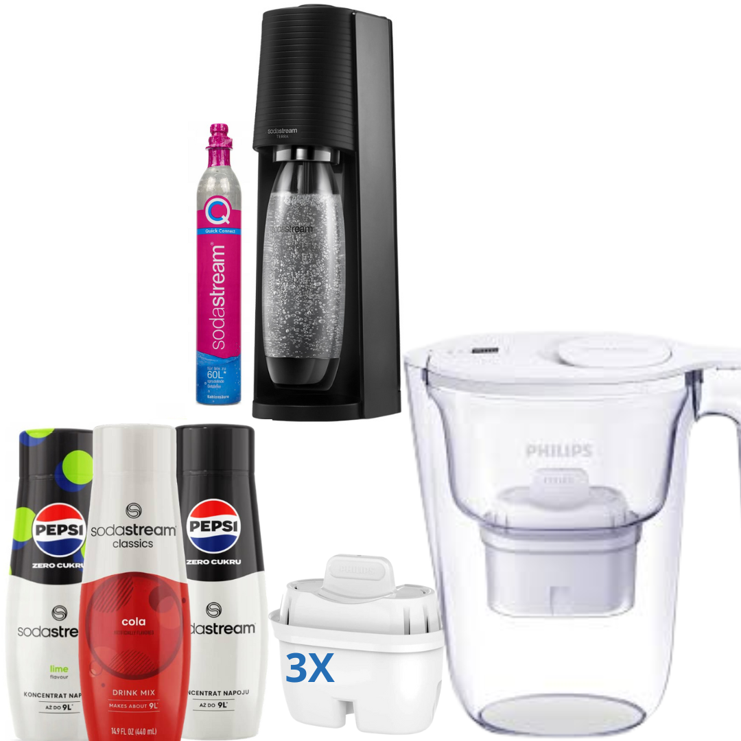 3x Syrups +GAIA Black Soda Maker +  Philips Water Filter Jug