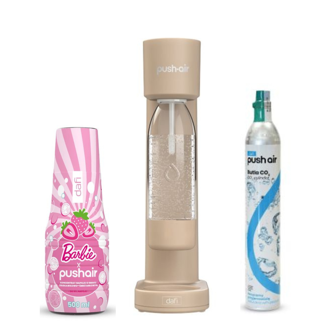 Dafi PUSHAIR vodní saturátor cappuccino sifon + CO kartuše + 0,7 l láhev + PUSHAIR BARBIE sirup na vodu 500 ml