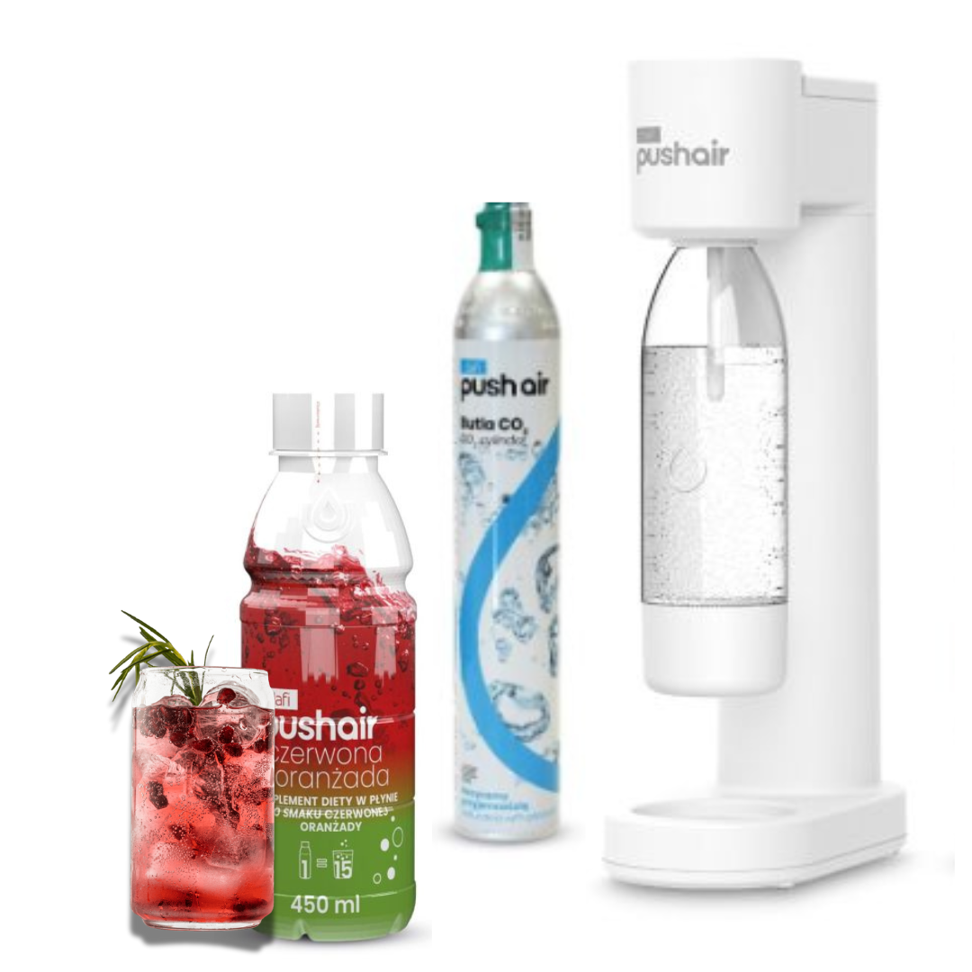 PUSHAIR Dafi saturateur d'eau BLANC + cartouche de CO₂ + bouteille 0,7 l + sirop d'orangeade rouge 450 ml