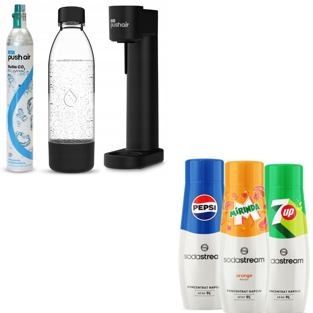 PUSHAIR water saturator black siphon + CO2 cartridge + 0.7 L bottle + 3 x syrups