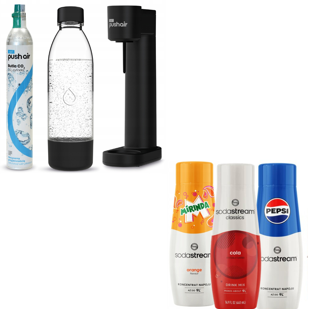 Dafi PUSHAIR water saturator black siphon  + 0.7 L bottle + CO2 cartridge+ 3 x syrups