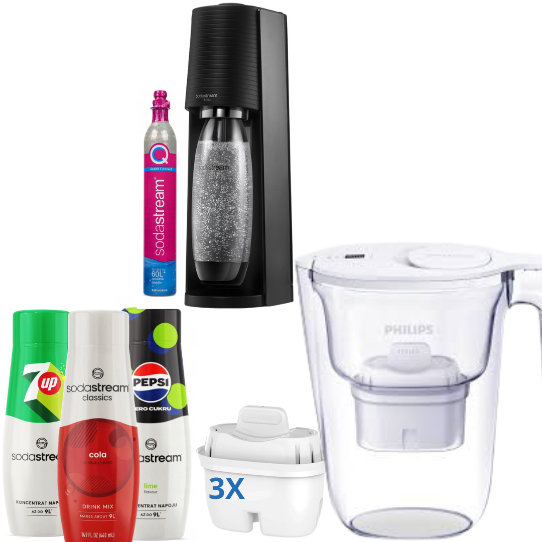 GAIA Black Soda Maker + 3x Syrups + Philips Water Filter Jug 2.6L White