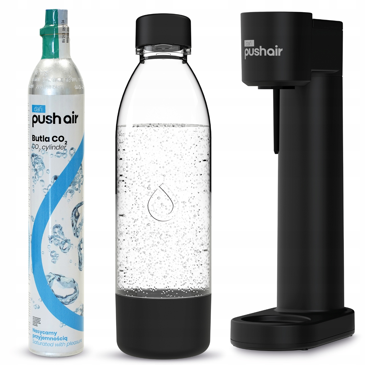 3 x sirops + saturateur d'eau Dafi PUSHAIR noir avec siphon + cartouche de CO₂ + bouteille de 0,7 L