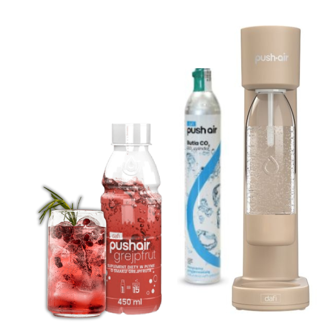 PUSHAIR Dafi saturateur d'eau CAPPUCCINO + cartouche CO₂ + bouteille 0,7 L + sirop pamplemousse 450 ml