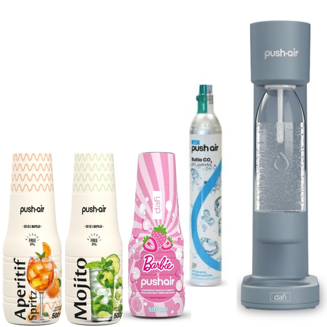 PUSHAIR Dafi saturátor vody ocelový + CO2 kartuše + láhev 0,7 l + 3 sirupy Dafi