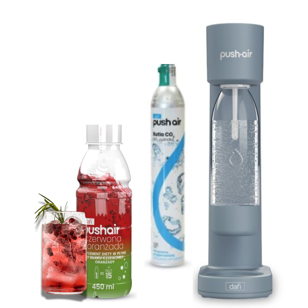 PUSHAIR Dafi saturateur d'eau acier + cartouche de CO₂ + bouteille 0,7 L + sirop d'orangeade rouge 450 ml