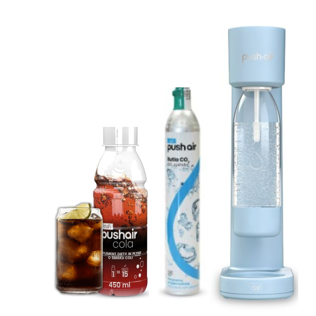 PUSHAIR Dafi Saturateur d'eau AZUR + Cartouche de CO2 + Bouteille 0,7 L + Sirop Cola 450 ml